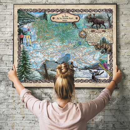 Big Sky Ski Runs Montana Historic Map Art Print Poster Artwork Vintage Style Abstract Wall-Unframed Great Home Decor & Gift