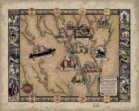 249 Historic Missions Of San Antonio vintage historic antique map painting poster print by Lisa Middleton