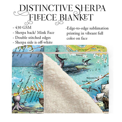 Key Pirates Original Historic Florida Map Blanket Double Stitched Edges Cozy Luxury Fluffy Super Soft 430 GSM Polyester Throw Blanket