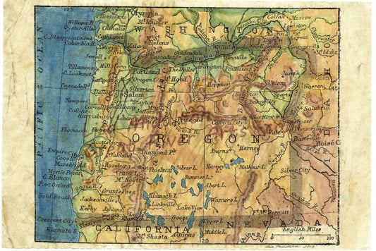 99 Oregon 1906 vintage,antique,map art,ledger art,hand painted map,Great River Arts,watercolor,Portland,Columbia River,Pendleton By Lisa Mid