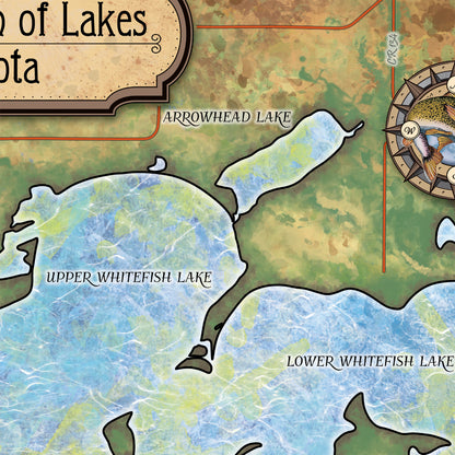 Great River Arts Whitefish Chain of Lakes with Illustrations Historic Map Reproduction Artwork Wall Art Print Vintage