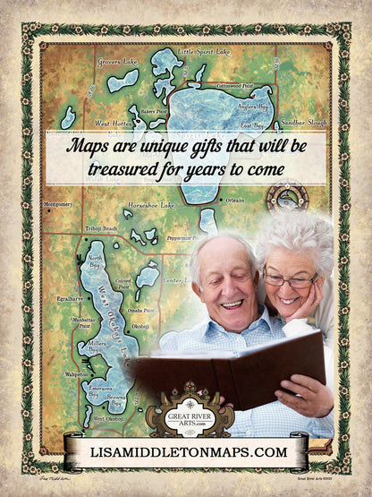 Great River Arts Spirit Lake and Lake Ookoboji Historic Map Reproduction Artwork Wall Art Print Vintage