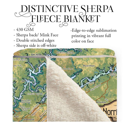 Norris Lake Tennesse Antique Map Art Blanket Throw Soft Polar/ Silky/ Sherpa Fleece Warm Blanket For Bed Sofa Chair Dorm Gift & Travel